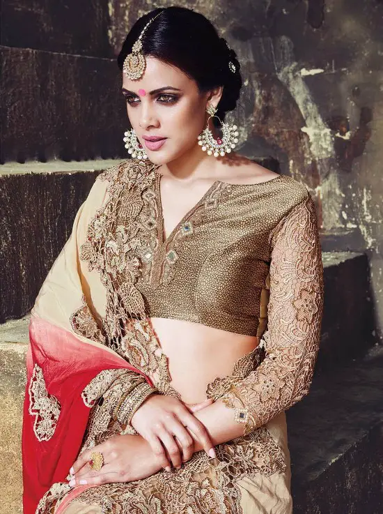 golden color saree with red blouse