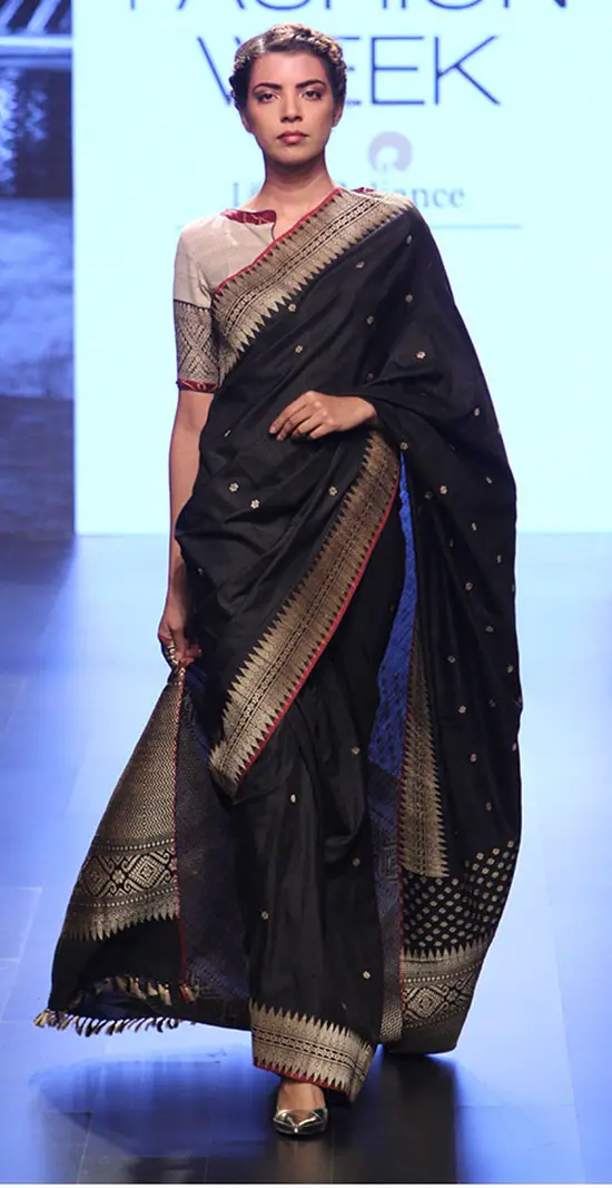 Black And Sliver Saree With Simple Boat Neck Blouse