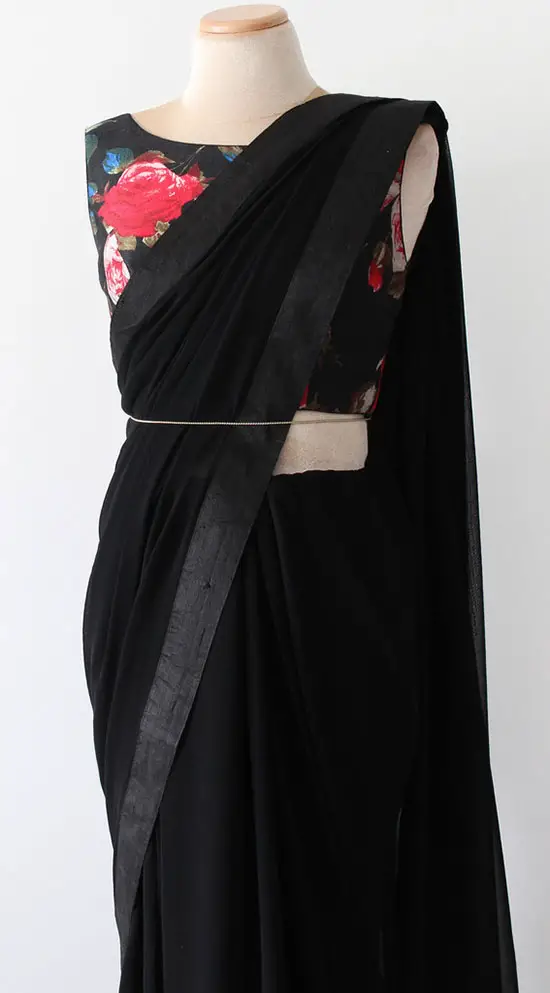 Black Silk Saree With Folar Print Blouse