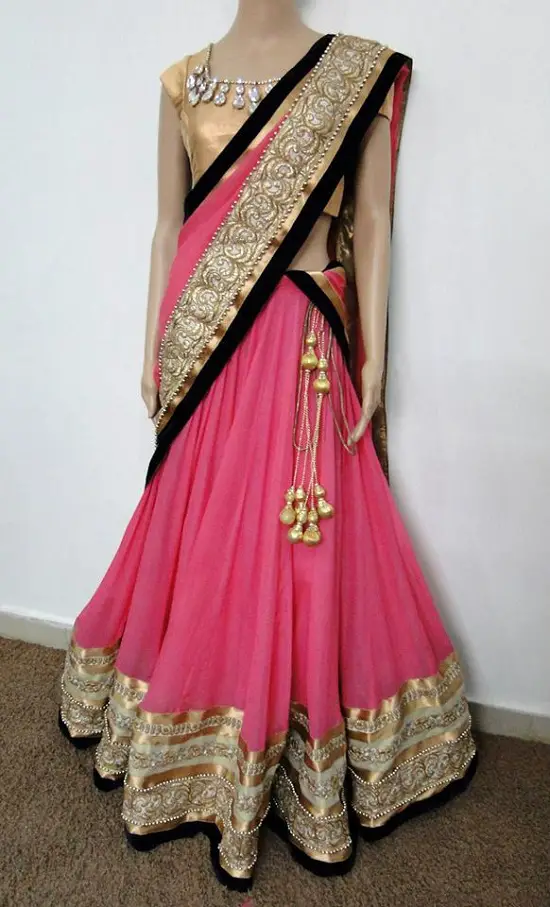 Pink and Gold Embroidery Half Saree With Black Border Neck Design