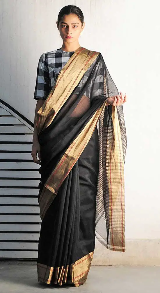Rangeen Black Chanderi Handwoven Saree With Checks Blouse