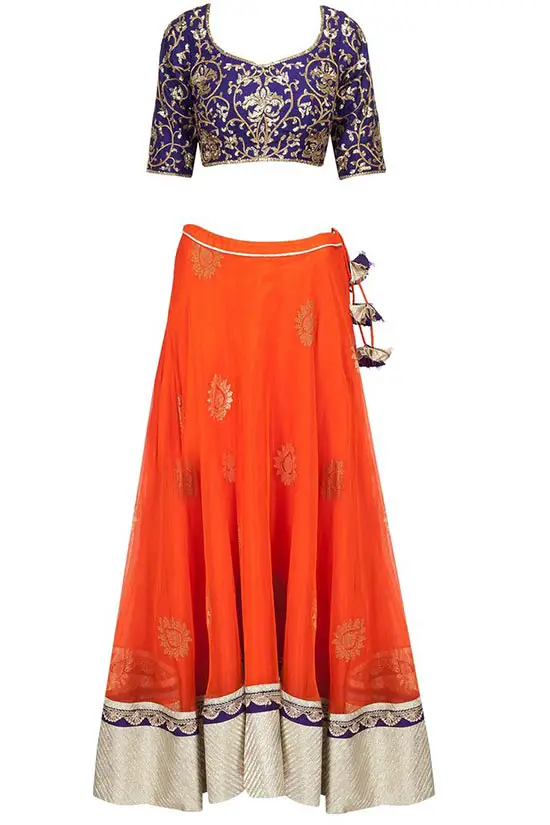 Royal blue embroidered blouse with orange banarasi net lehenga 