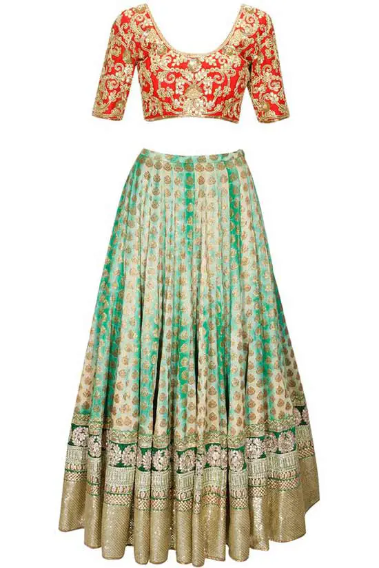 Green shibori brocade lehenga with red embroidered blouse and dupatta 