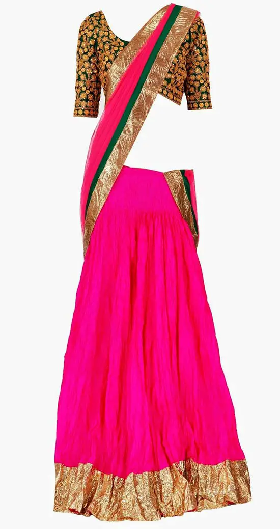 Hot pink lehega with green blouse