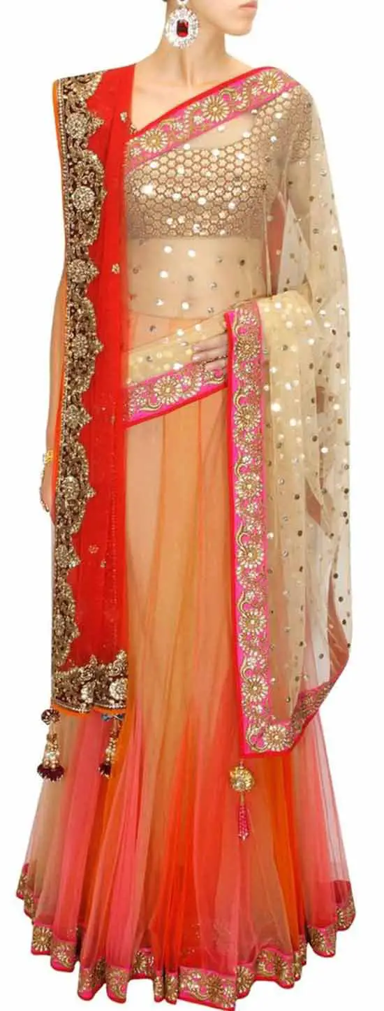 Shaded mukaish work kali lehenga sari with red embroidered blouse and dupatta