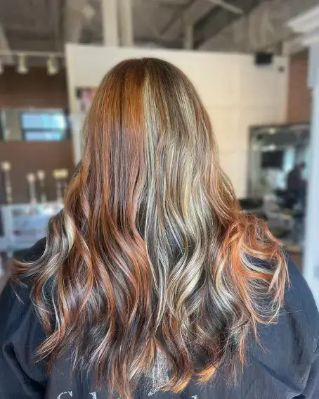 Long Layered Hairstyle with Calico Hair Color