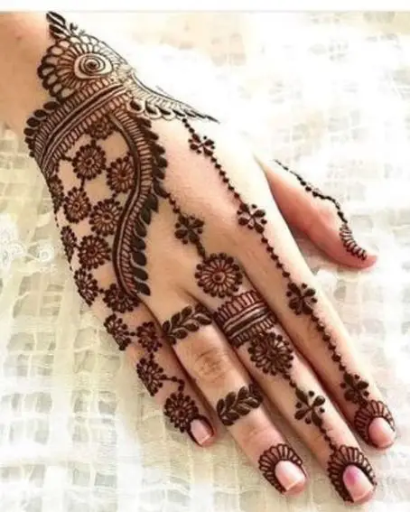 Unique Fingertip Bride Chain Ring Mehndi Design