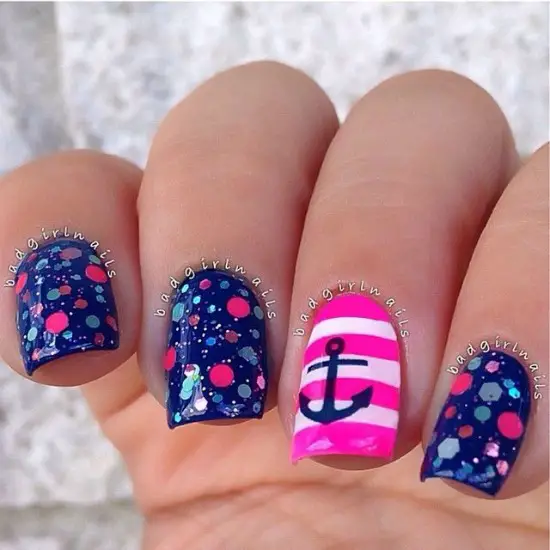 Baby Blue and Pink Anchor Nail Art Design