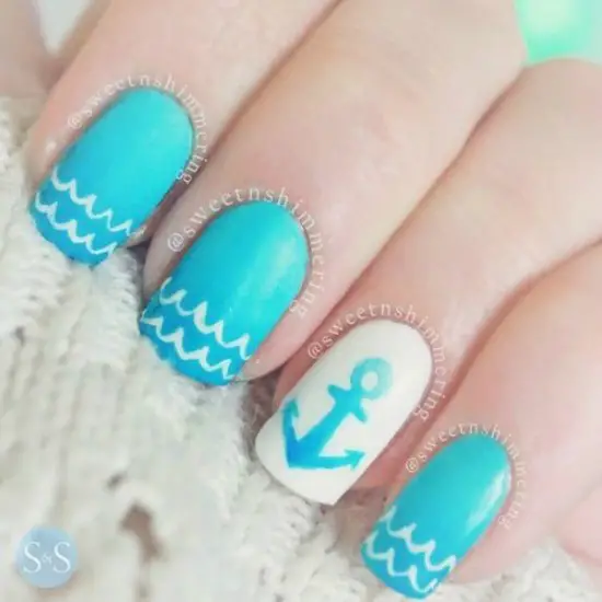 Blue Anchor Wave Nail Art