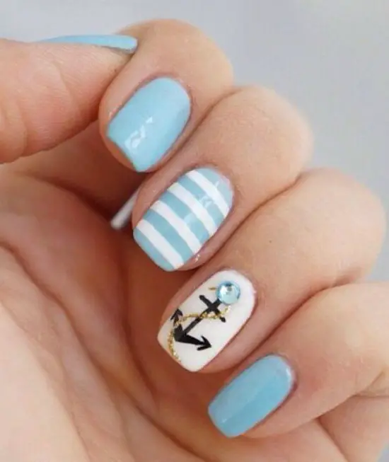 Blue Nails with Stripes and Anchor