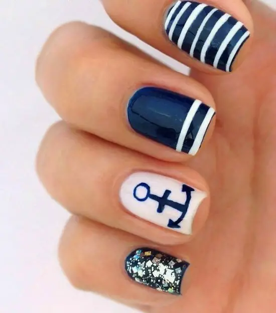 Cute Blue Stripes Anchor Nail Art Design