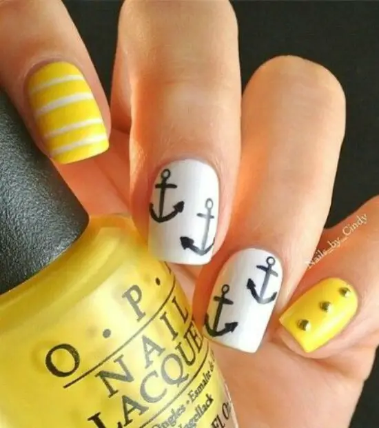 Cute Yellow and White Stripes Anchor Nail Art Design