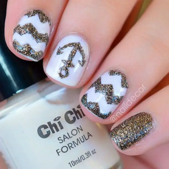 Glitter Gold Anchor Nail Art Design