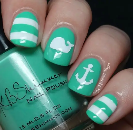 Green & White Anchor Nail Art Design