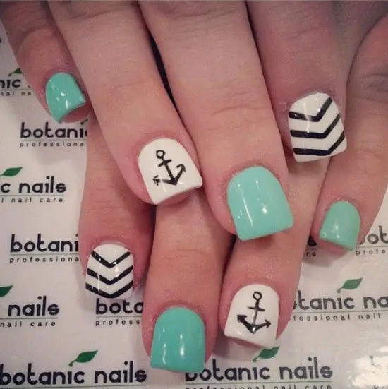 Marine Green Anchor Nail Art Design