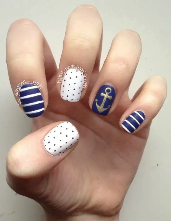 Navy Blue White Polka Dots Anchor Nail Art Design