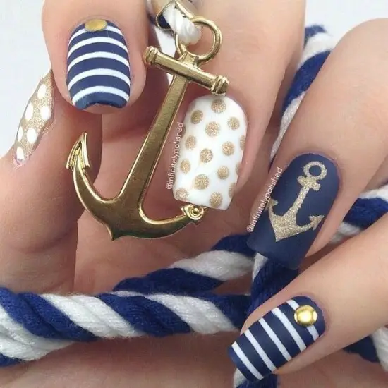 Navy Blue and White Nail Art with Gold Anchor