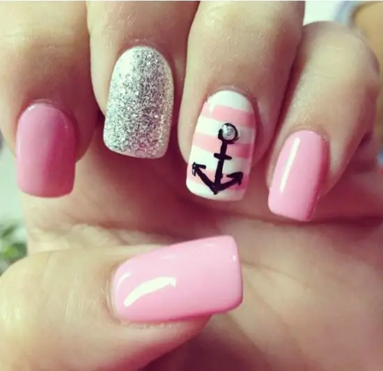 Pink, White, Anchor Nail Art Pattern