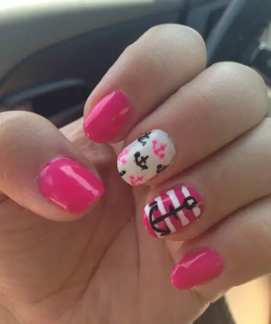 Pink and White Stripes Anchor Nail Art Design