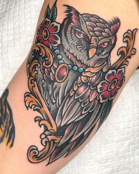Lovely Colorful Owl Tattoo On Arm