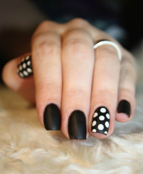 Black nails with white Polka Dots