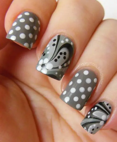 Gray Flower Polka Dot Nail Art