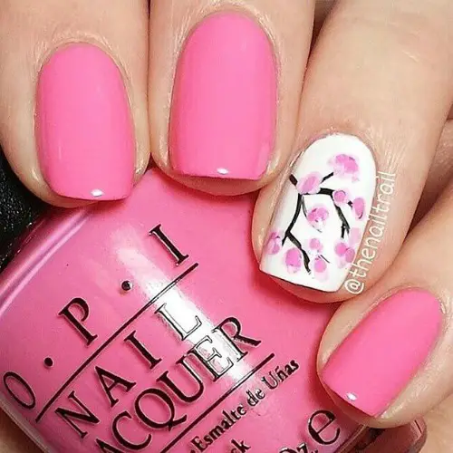 Pink Spring Nail Design with Cherry Blossom