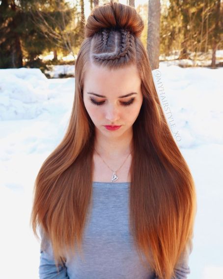 Half Updo Bun Hairstyle With Straight Hair