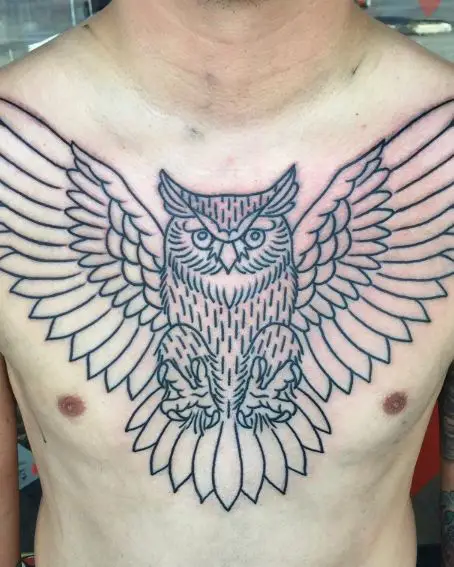 Owl Tattoo On Back Of Chest