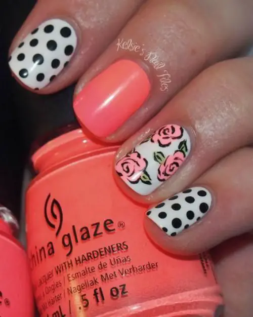 flowers and polka dot Nail Art