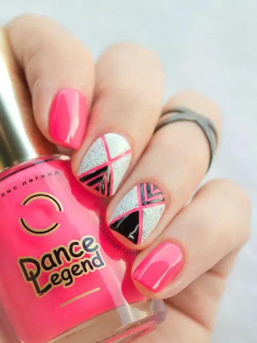 Black Pink And White Geometric Nail Art