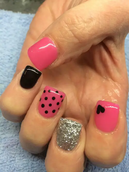 Pink Nail with Black Polka Dot Nail Art