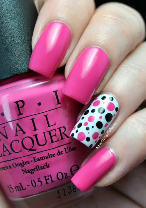 Pink and Black Polka Dot Nails