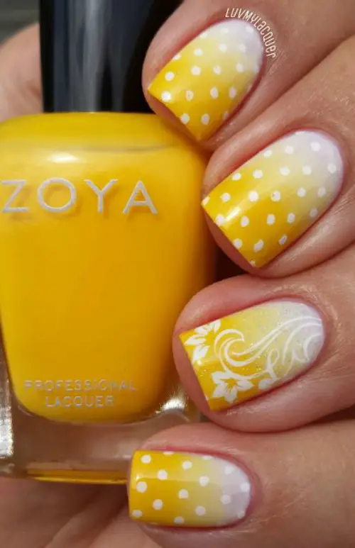 Yellow & white ombre polka dot nail Art