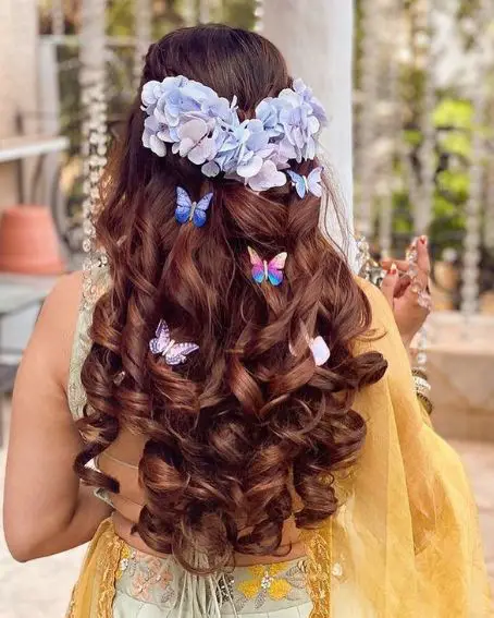 Curly Long Hair with Butterfly Motifs Wedding Hairstyle