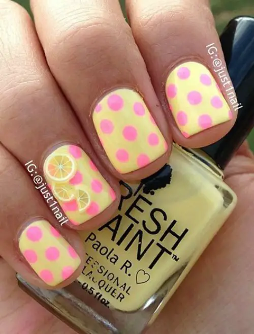 Yellow Nail Polish with Pink Polka Dots