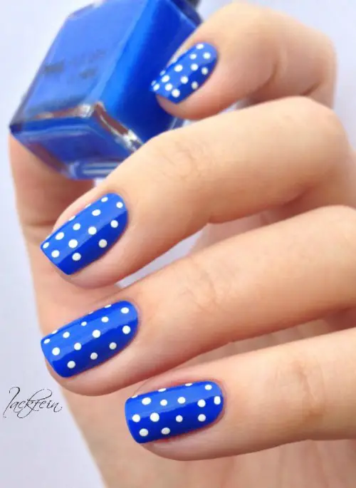 Blue Polish with white polka Dots