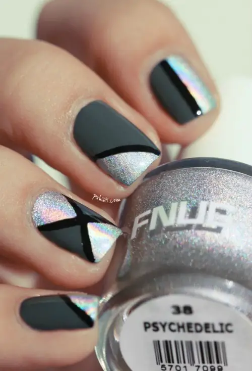 black and silver Geometric Nail Art