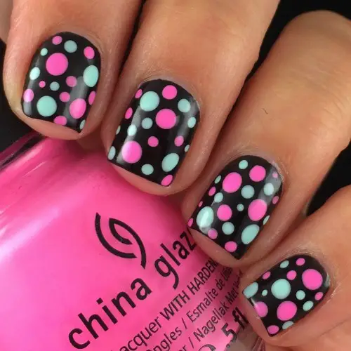 Ombre Pink & Black Polka Dot Nail Art 