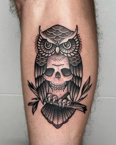 Cute Small Owl With Skull Tattoo On Leg
