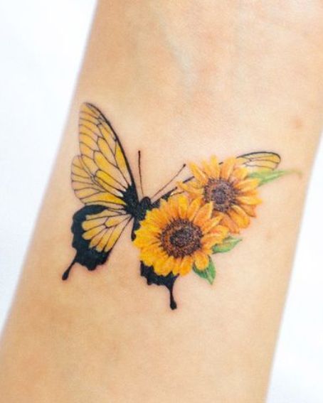 Colorful Butterfly Tattoo With Sunflower