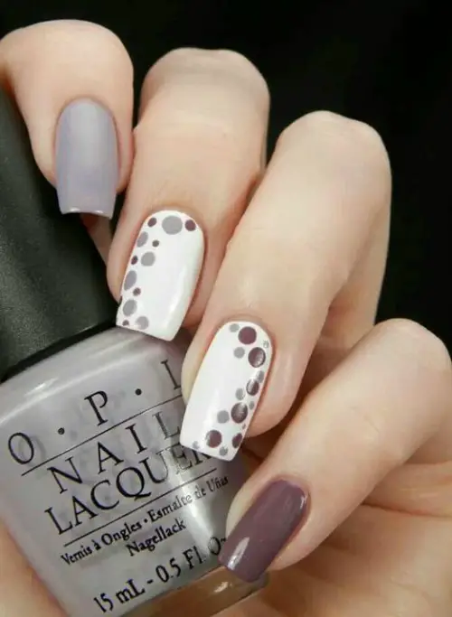 Plum, White and Gray Polka Dot Nail Art 