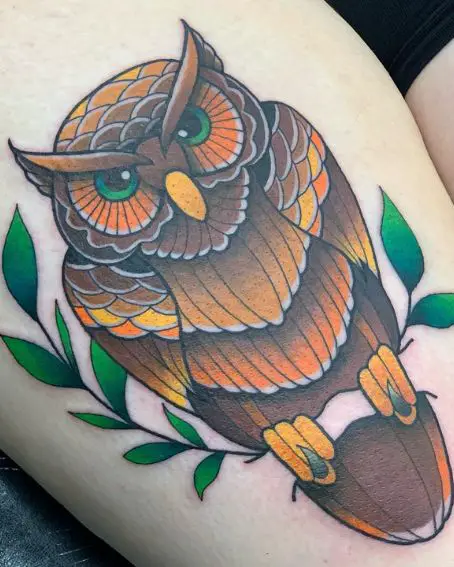 Colorful Owl Tattoo On Thigh