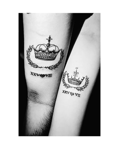 King And Queen Crown Tattoo With A Roman Number For Couple Tattoo