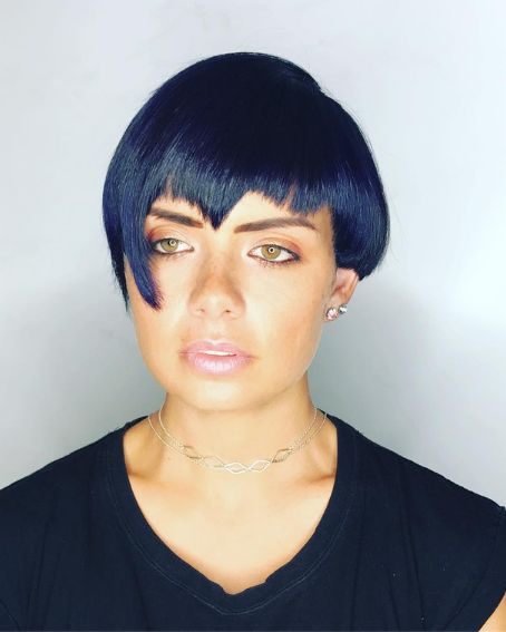 Deep Blue Toned Short Bob With Choppy Fringes