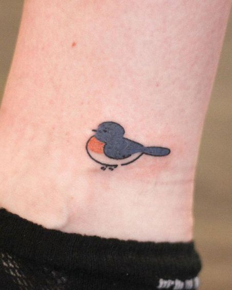Blue And Orange Bird Tattoo On Ankle