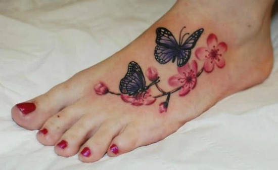 Butterfly and cherry blossoms Tattoo on Foot