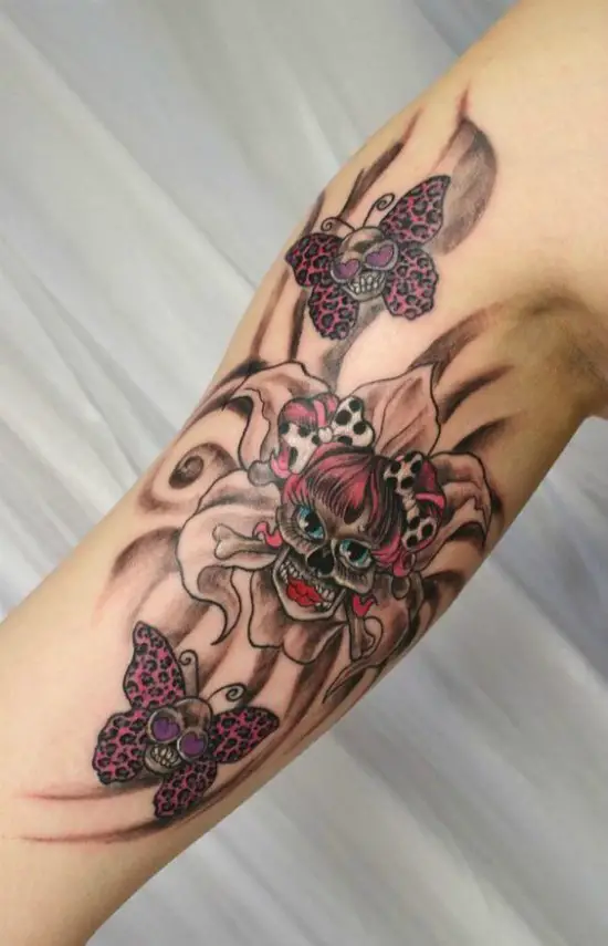 Flower Skulls Butterfly Tattoo