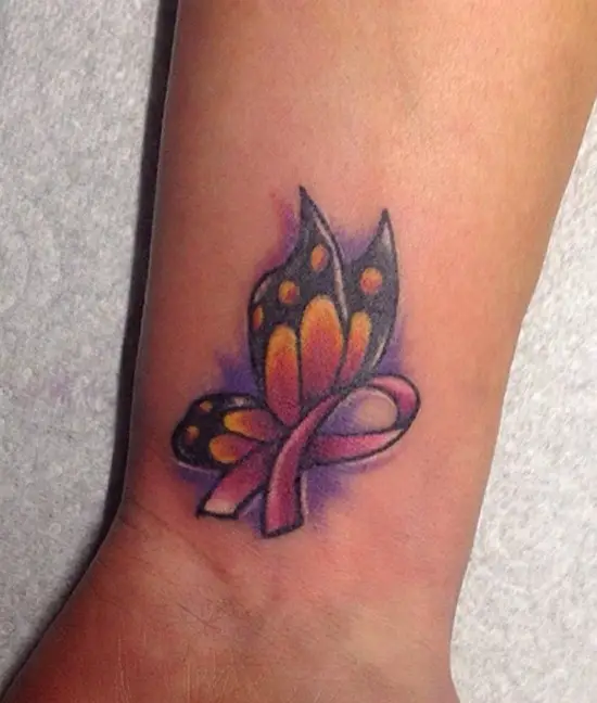 Little cancer ribbon butterfly tattoos on wrist
