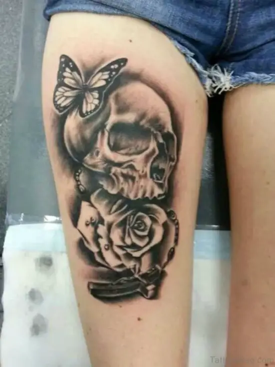 Skull Butterfly And Rose Tattoo